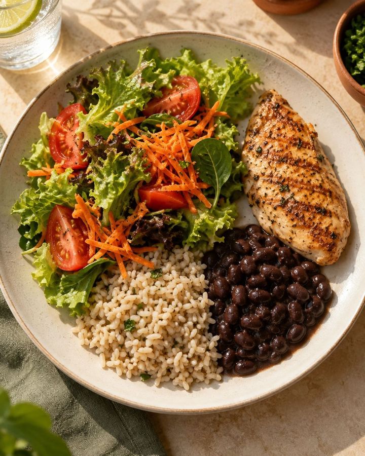 Prato equilibrado com arroz integral, feijão, frango e salada